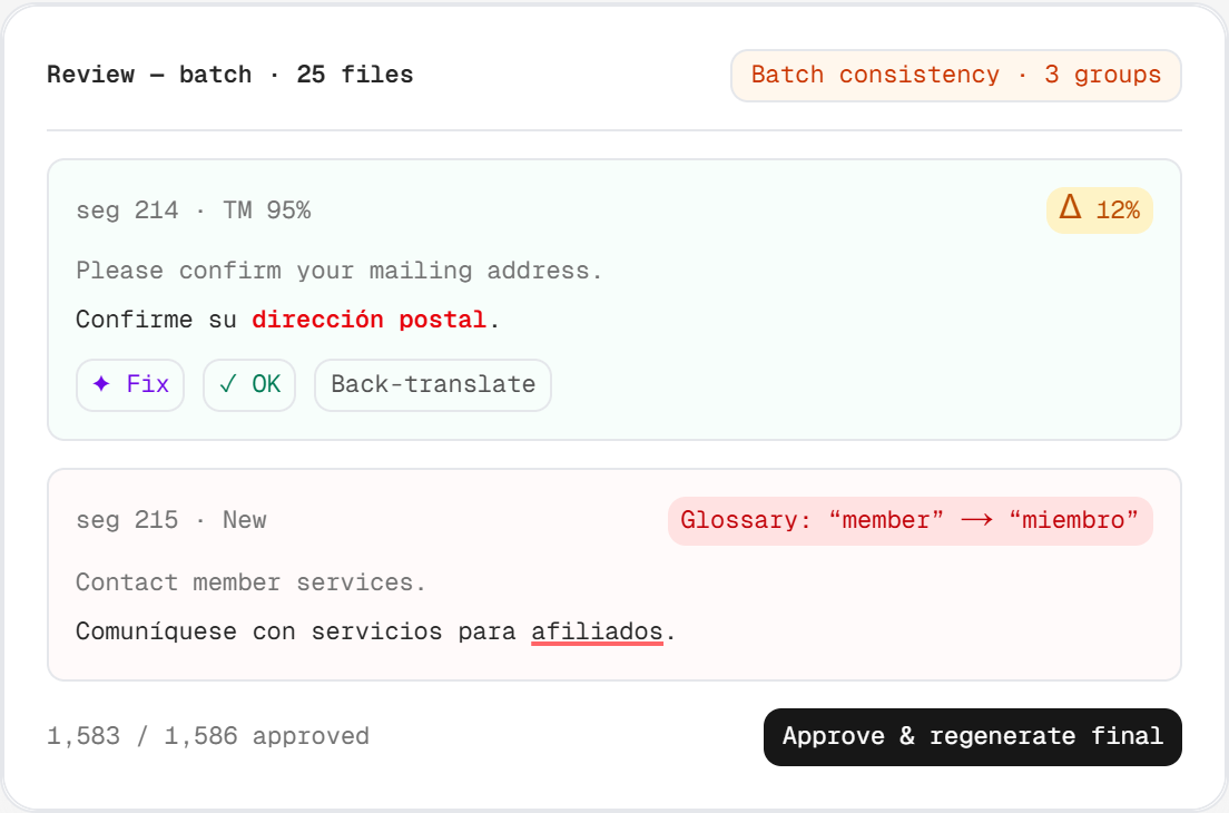 Two segments in the review editor: the change highlighted against what you uploaded, the percentage of the segment that moved, the glossary rule that fired, and the actions available on each one.